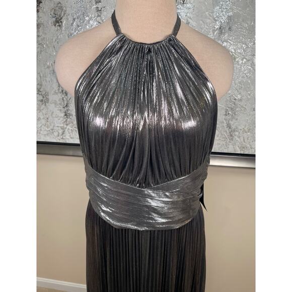 Retrofete Reiss Ruched Pleated Halterneck Metallic Gunmetal Maxi Dress Size L - Picture 4 of 9